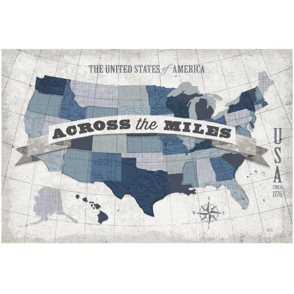USA Modern Vintage Blue Grey with Words -Paper Art-32&quotx22"