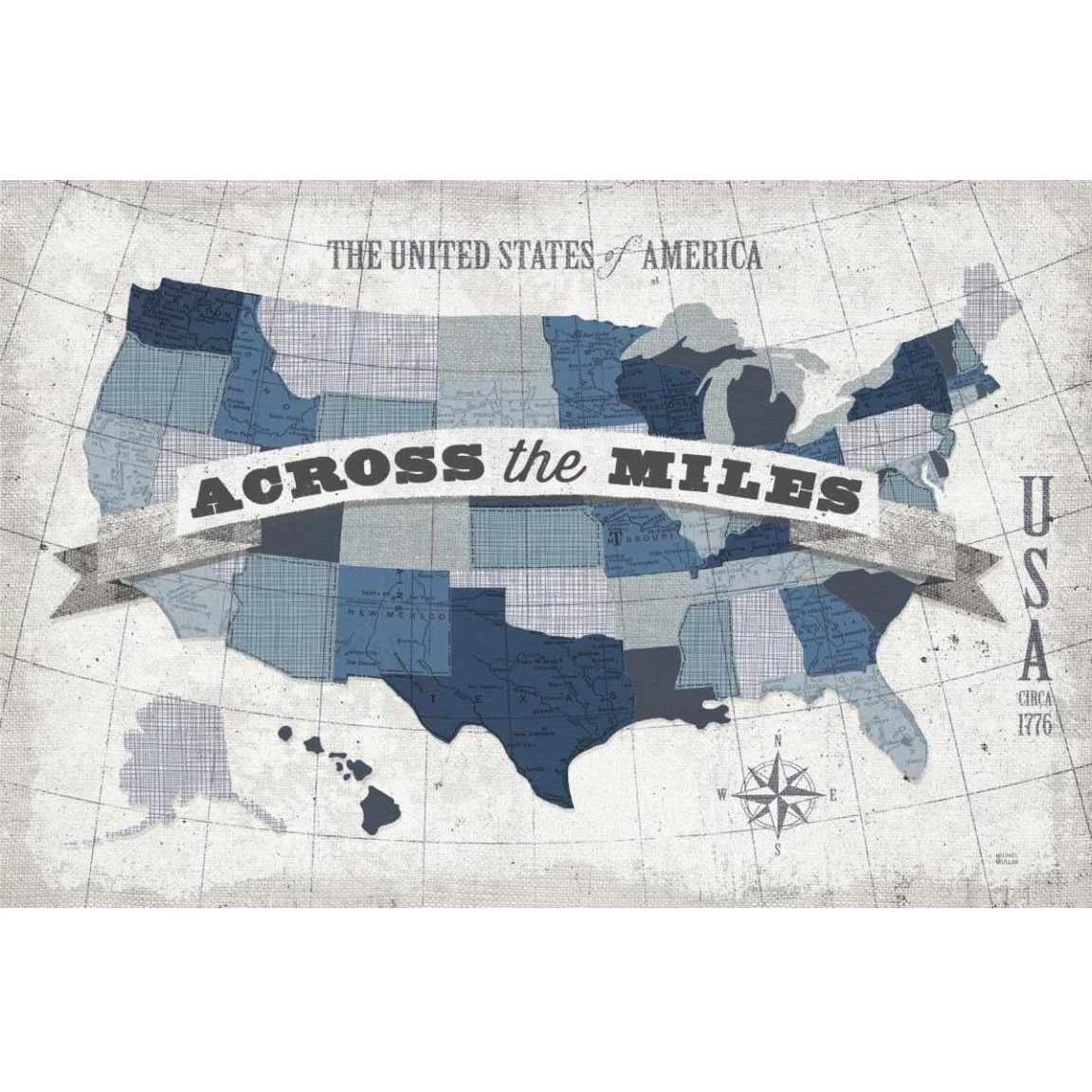 USA Modern Vintage Blue Grey with Words -Paper Art-50&quotx34"