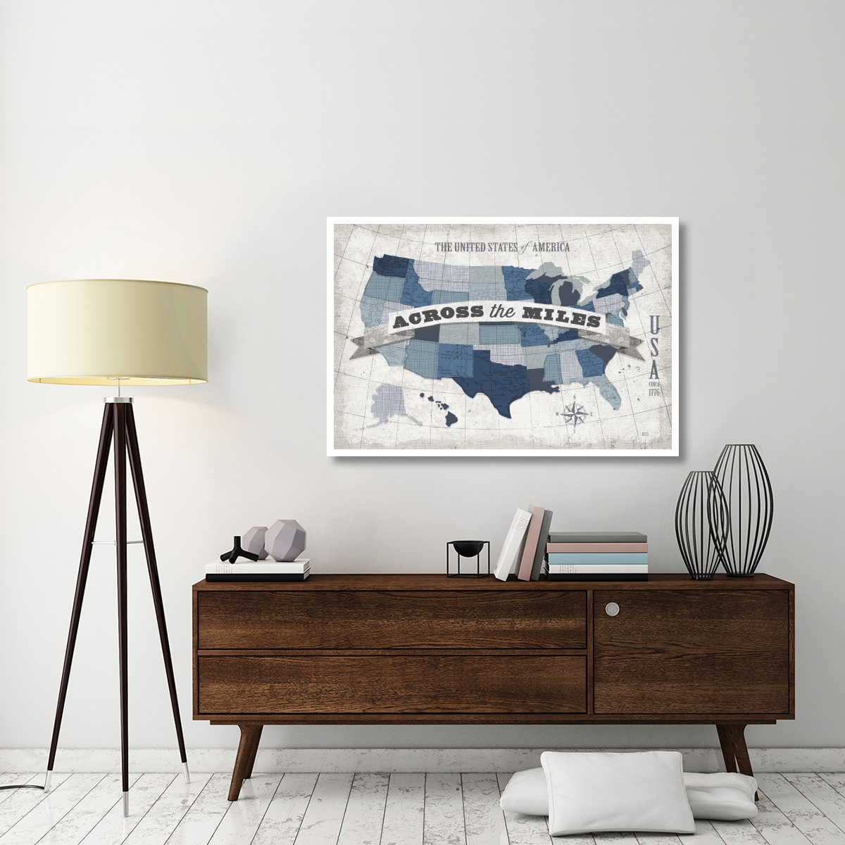 USA Modern Vintage Blue Grey with Words -Paper Art-50&quotx34"