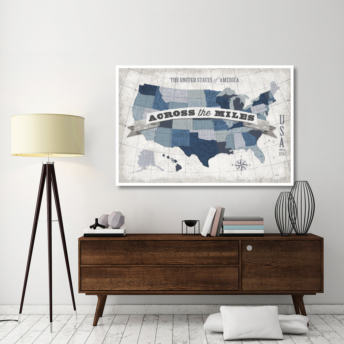 USA Modern Vintage Blue Grey with Words -Paper Art-62&quotx42"
