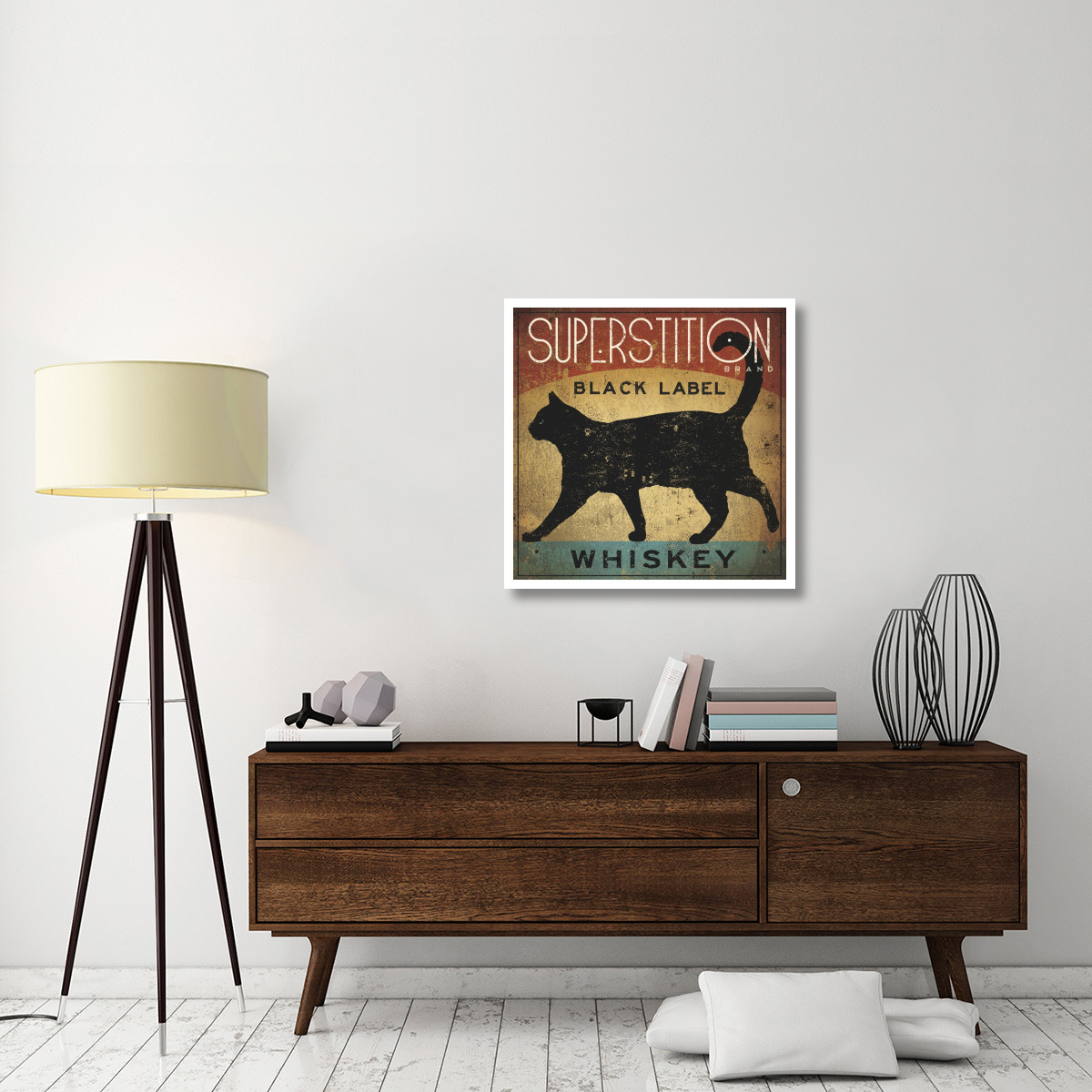 Superstition Black Label Whiskey Cat -Paper Art-32&quotx32"