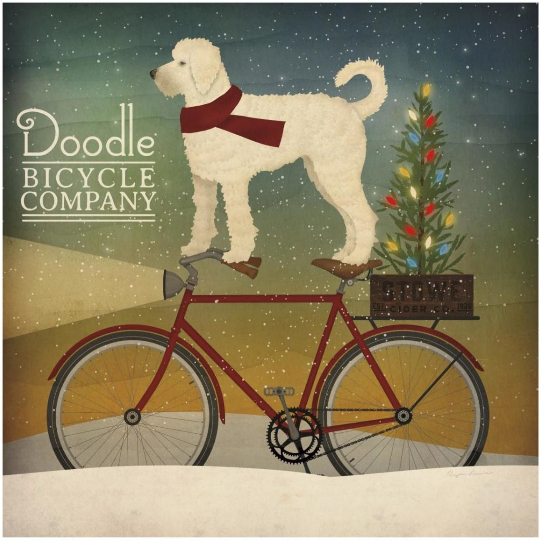 White Doodle on Bike Christmas -Paper Art-32&quotx32"