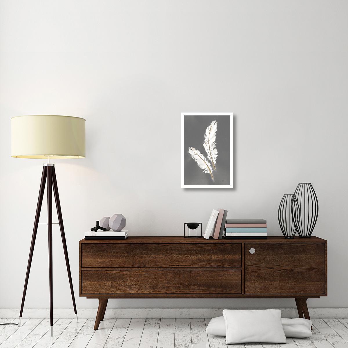 Gold Feathers I on Grey -Paper Art-18&quotx26"