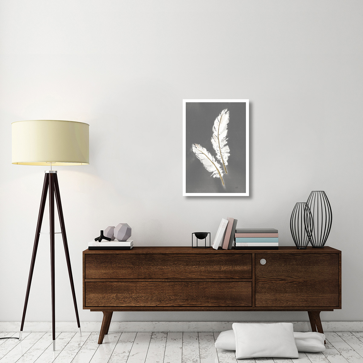 Gold Feathers I on Grey -Paper Art-22&quotx32"