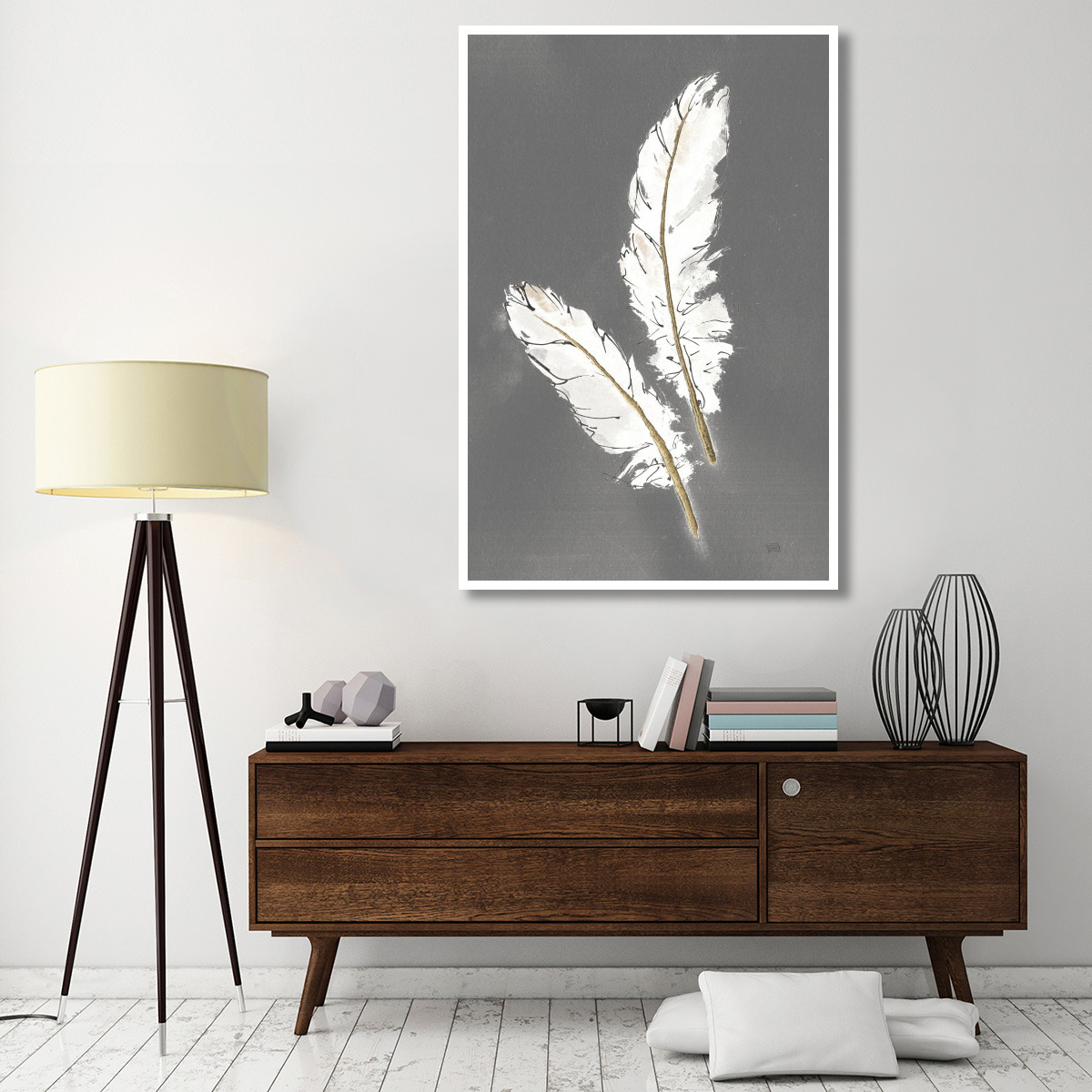 Gold Feathers I on Grey -Paper Art-42&quotx62"