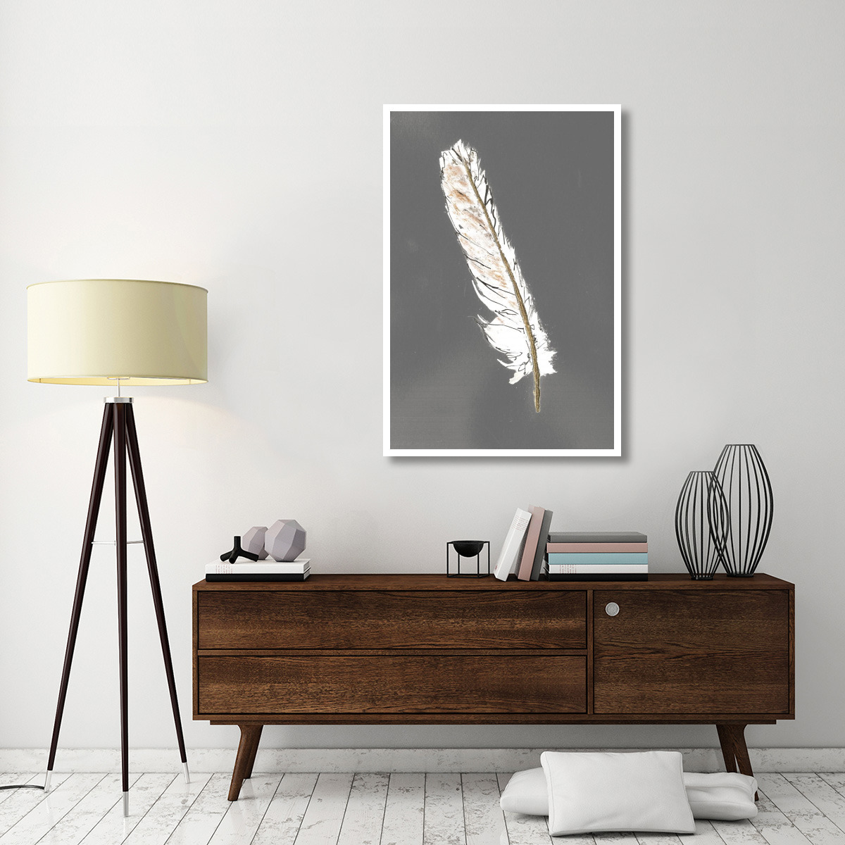Gold Feathers II on Grey -Paper Art-34&quotx50"