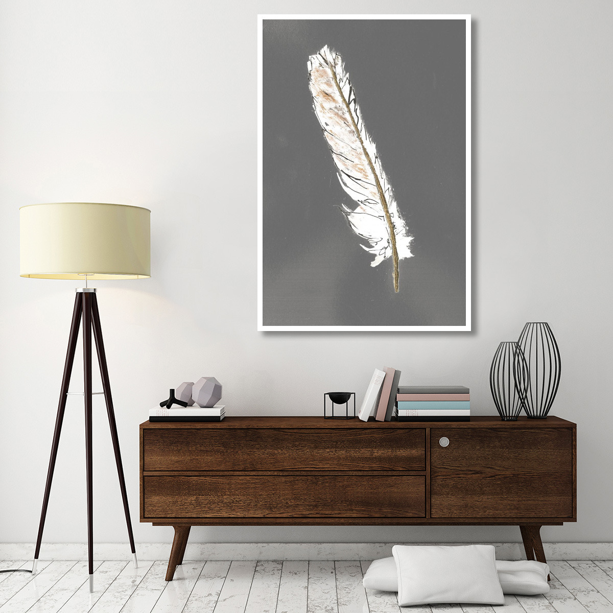 Gold Feathers II on Grey -Paper Art-42&quotx62"
