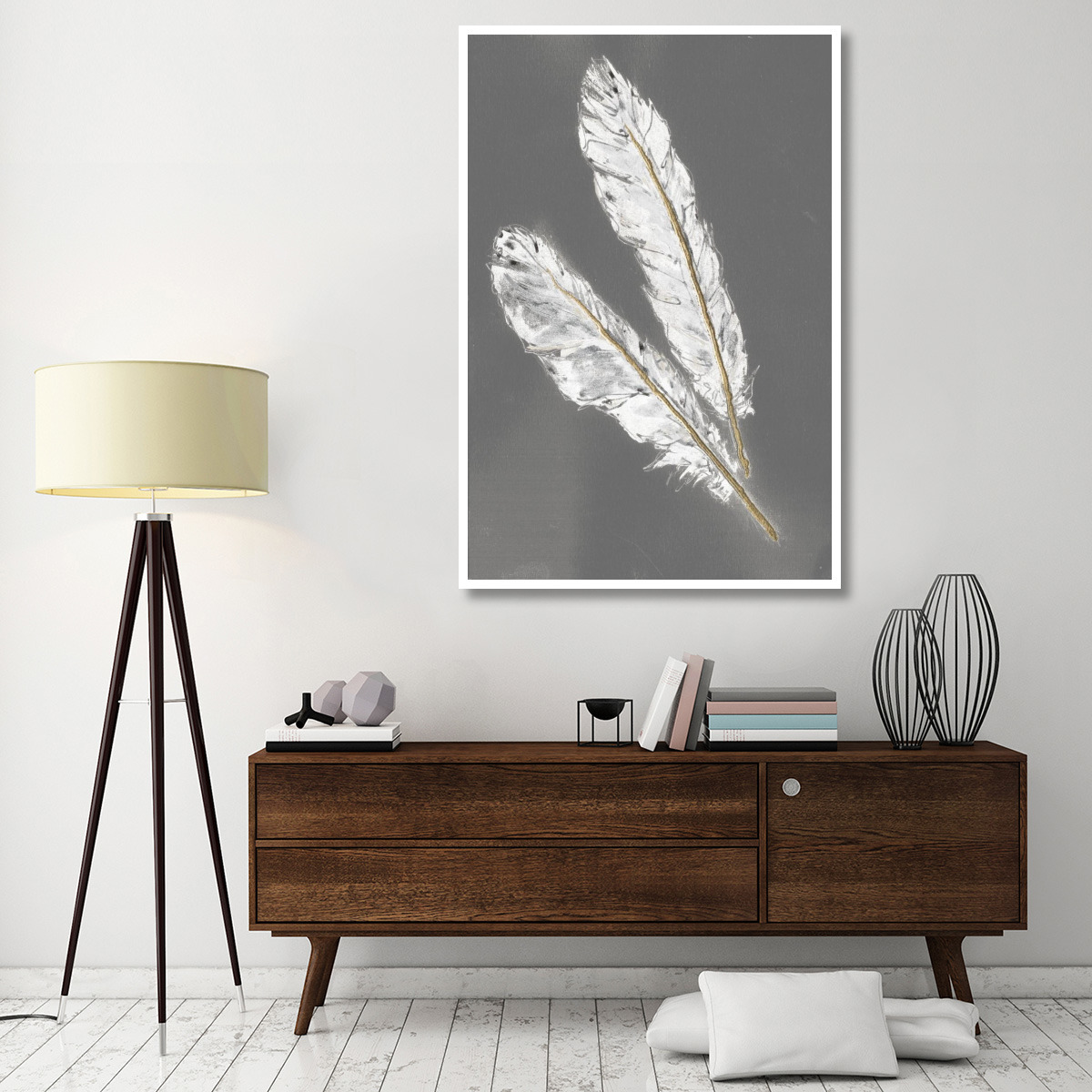 Gold Feathers III on Grey -Paper Art-42&quotx62"