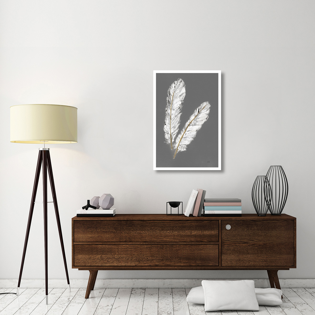 Gold Feathers IV on Grey -Paper Art-26&quotx38"