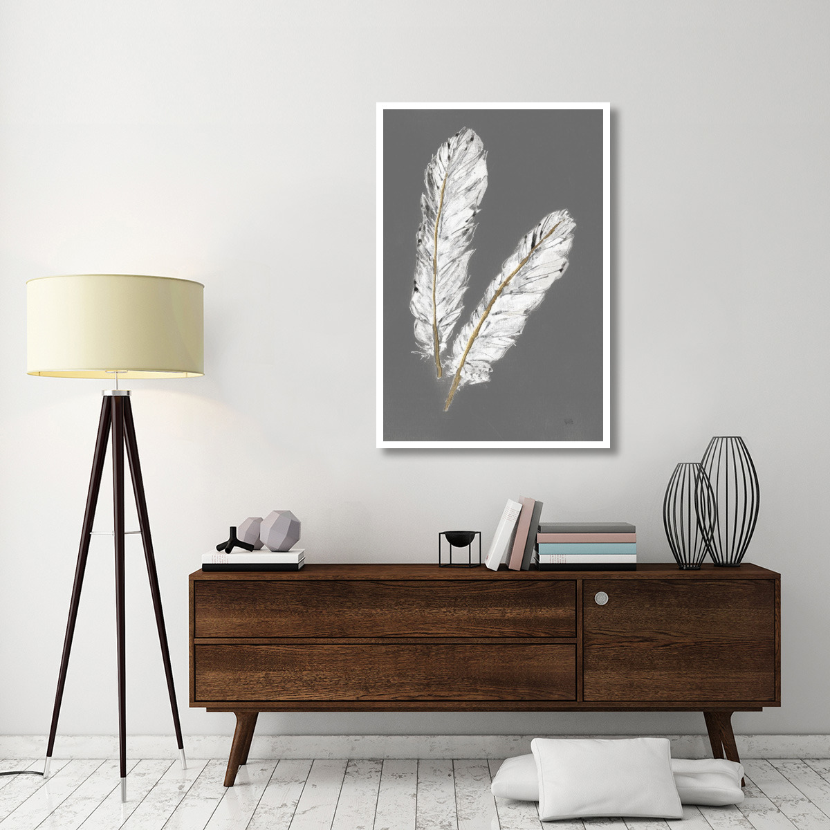 Gold Feathers IV on Grey -Paper Art-34&quotx50"