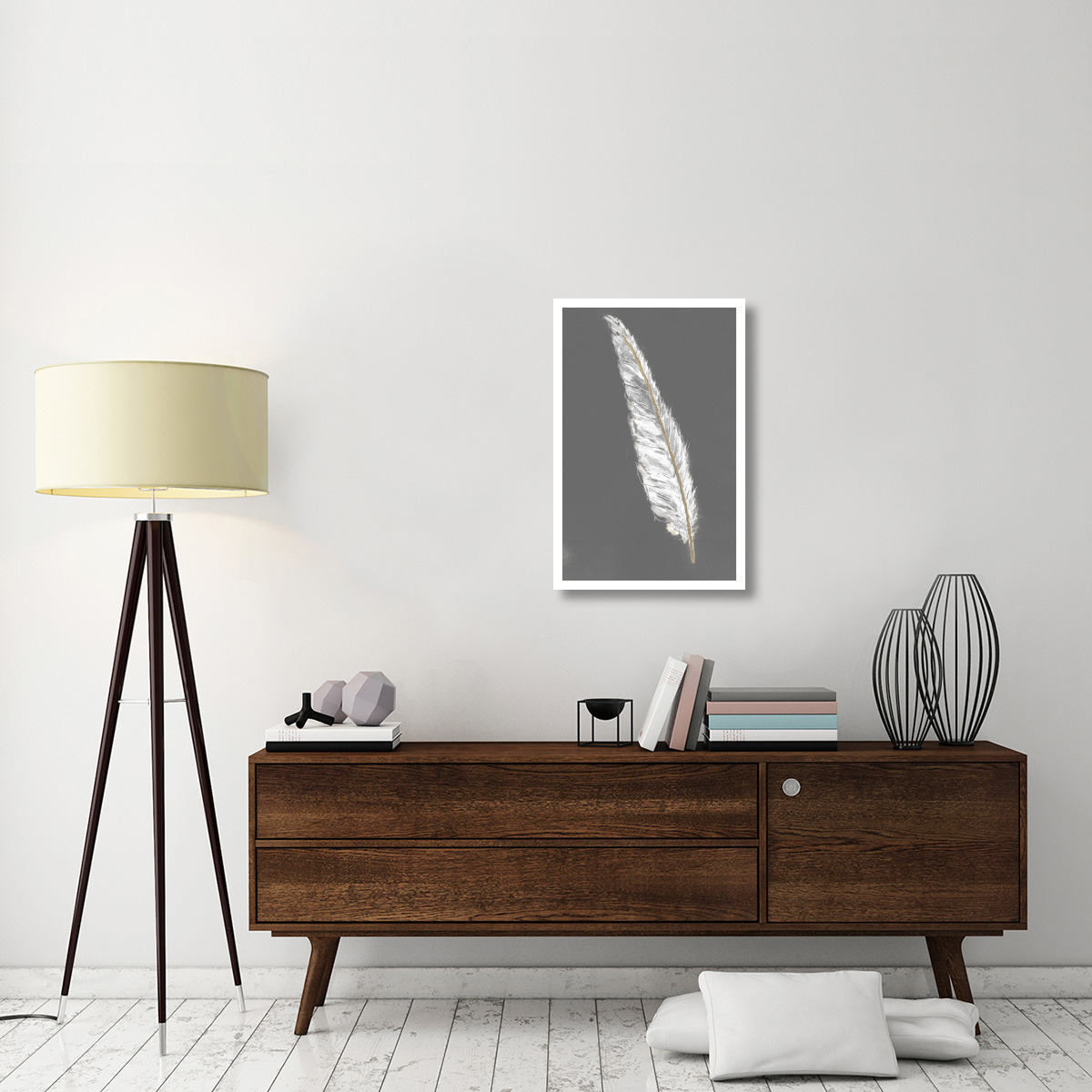 Gold Feathers VI on Grey -Paper Art-21.2&quotx32"