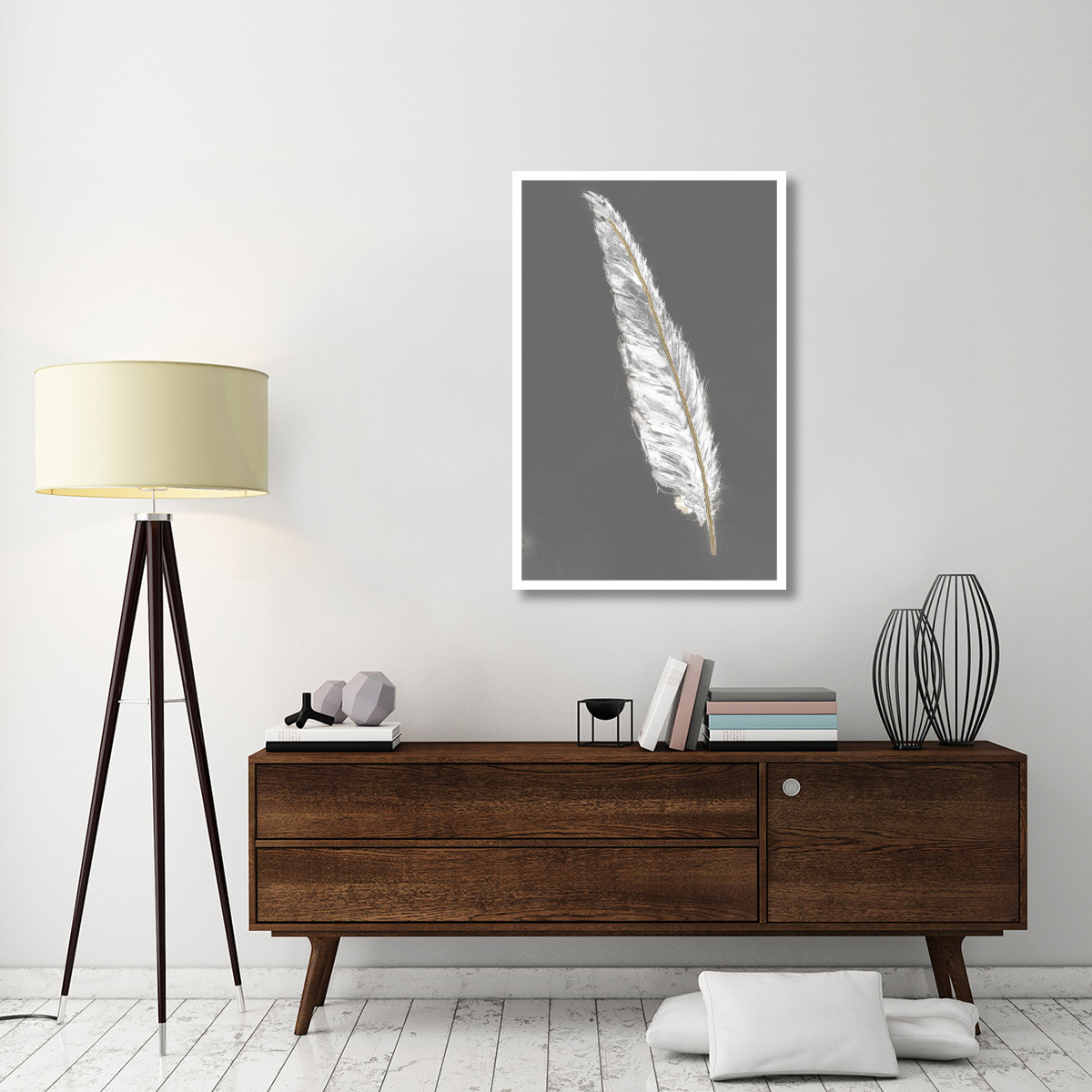 Gold Feathers VI on Grey -Paper Art-30.16&quotx46"