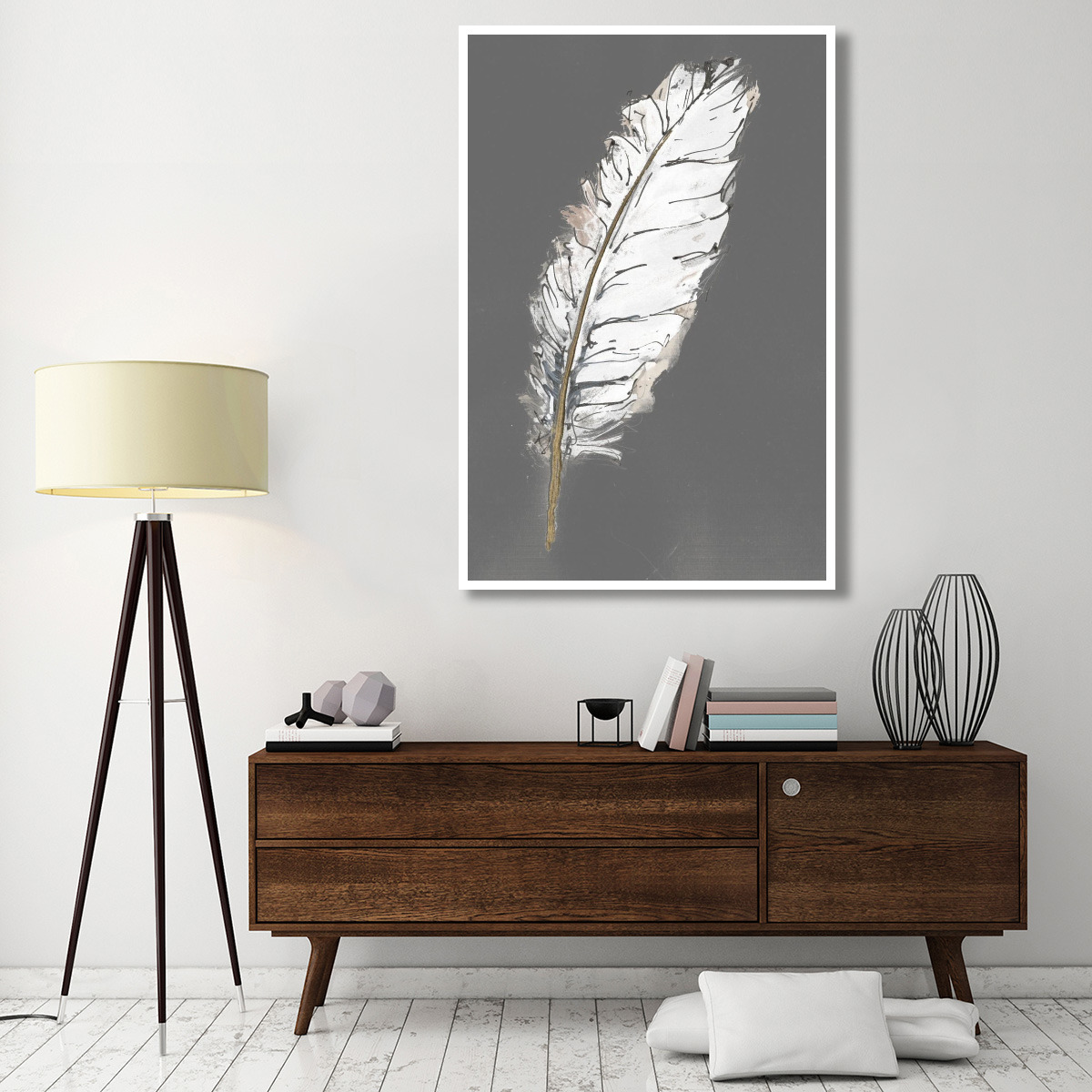 Gold Feathers VII on Grey -Paper Art-42&quotx62"