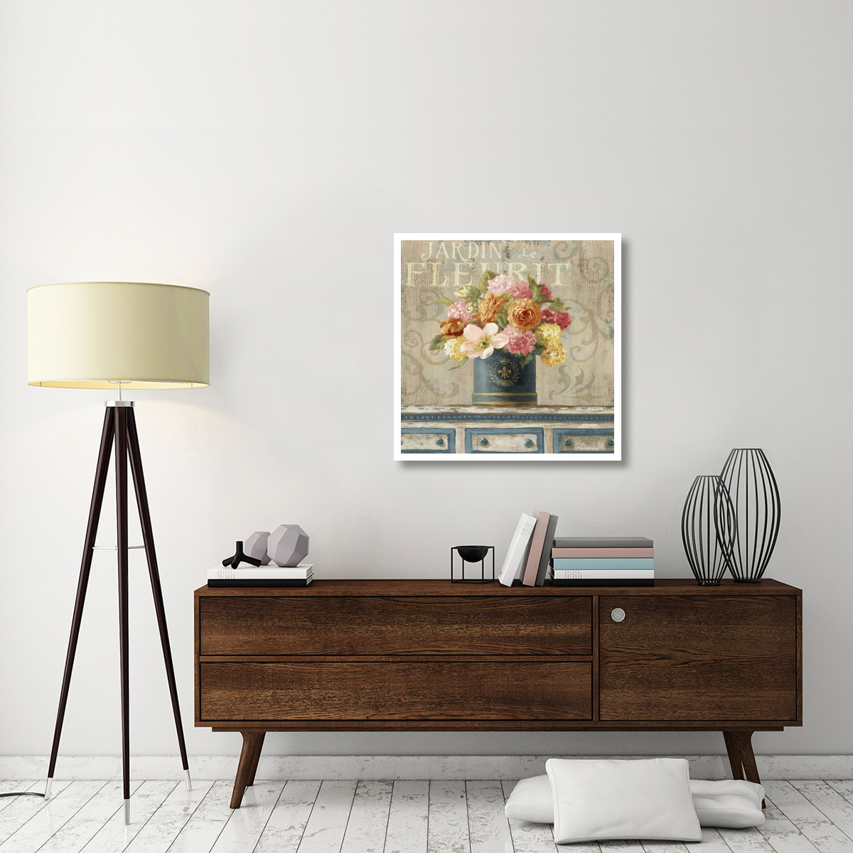 Tulips in Teal and Gold Hatbox -Paper Art-32&quotx32"