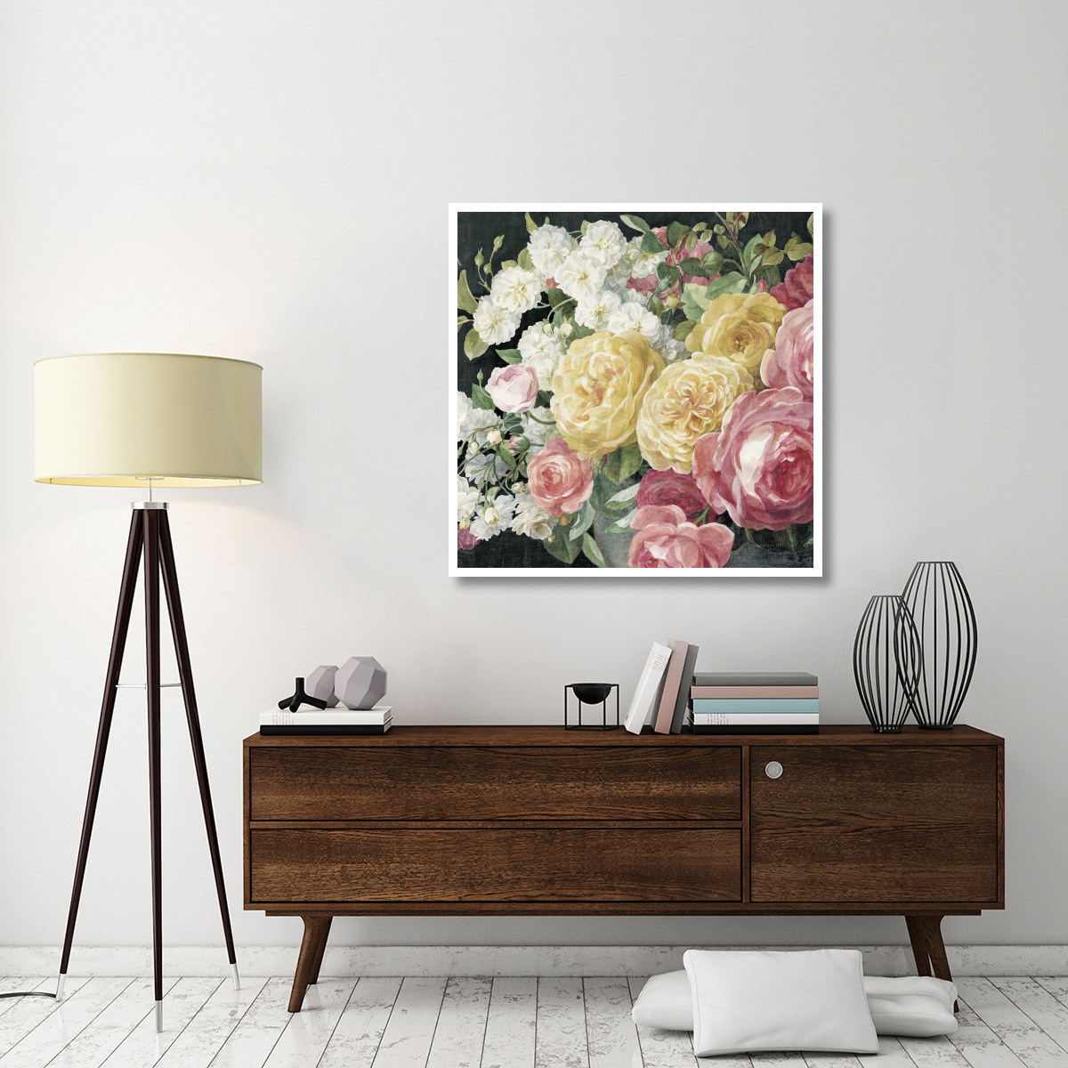 Antique Roses on Black Crop -Paper Art-42&quotx42"