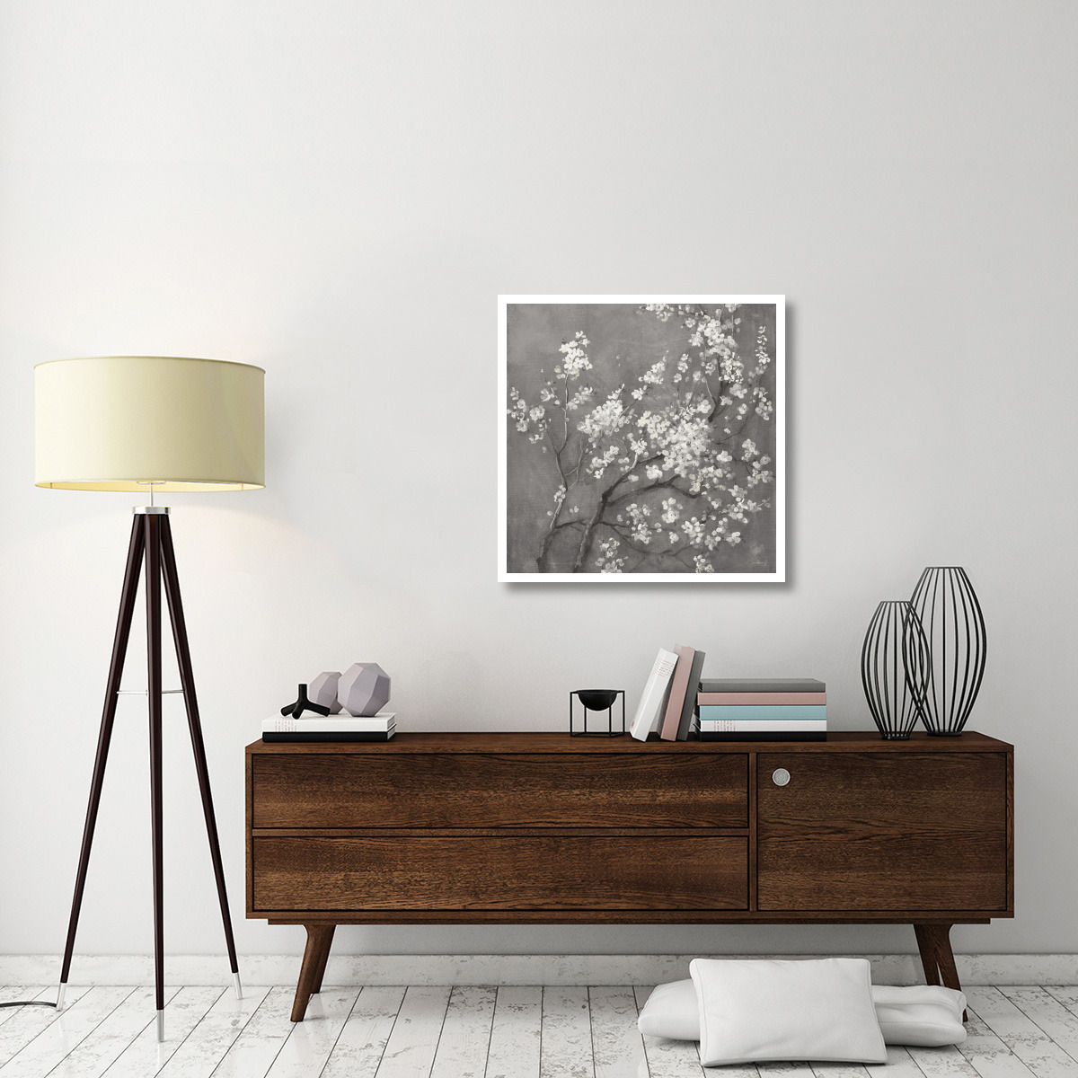 White Cherry Blossoms I on Grey Crop -Paper Art-32&quotx32"
