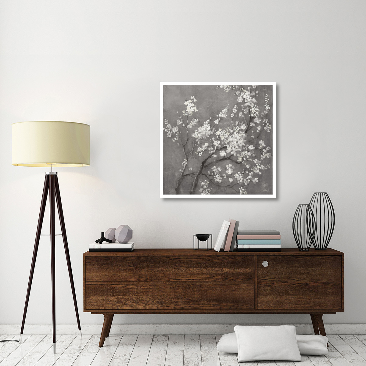 White Cherry Blossoms I on Grey Crop -Paper Art-38&quotx38"