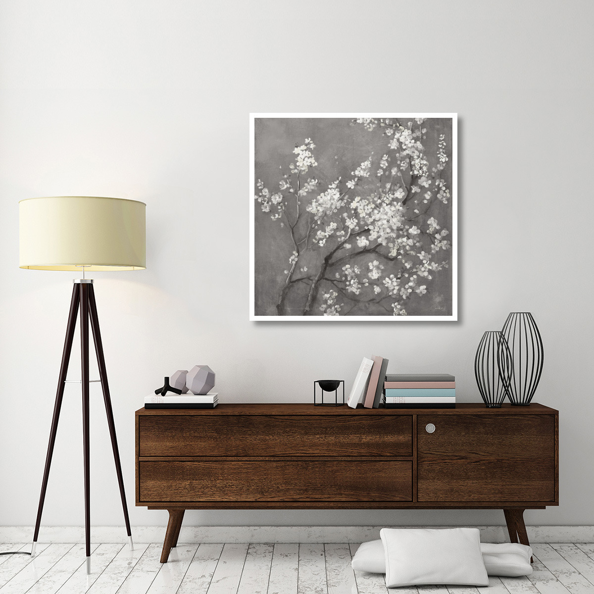 White Cherry Blossoms I on Grey Crop -Paper Art-42&quotx42"