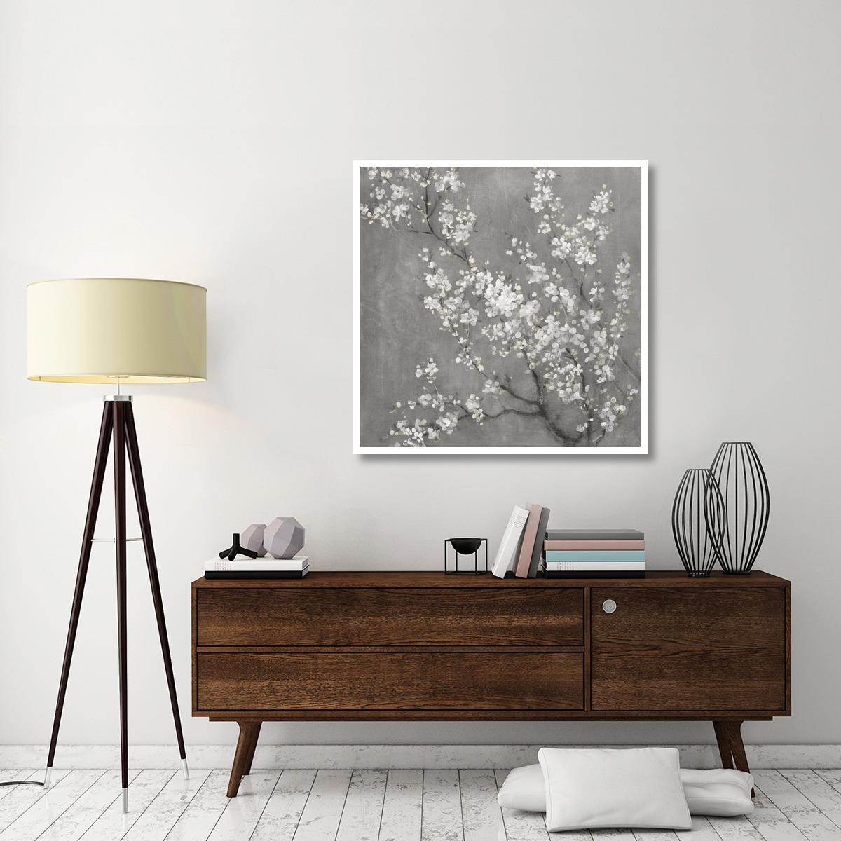 White Cherry Blossoms II on Grey Crop -Paper Art-42&quotx42"