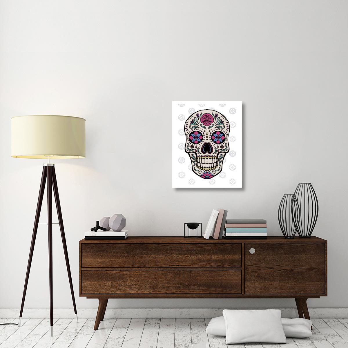 Sugar Skull I on Gray -Paper Art-24&quotx30"