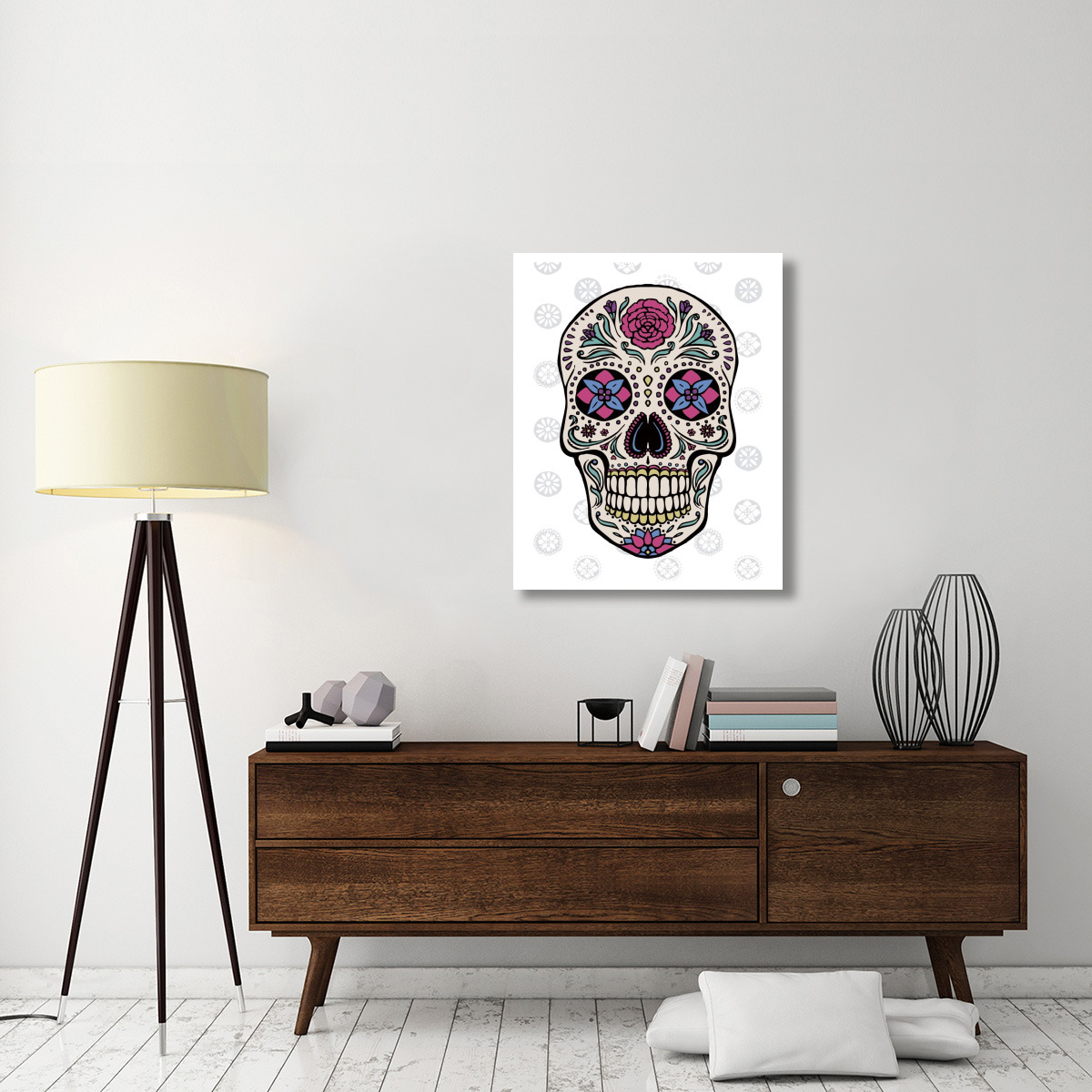 Sugar Skull I on Gray -Paper Art-30&quotx37"