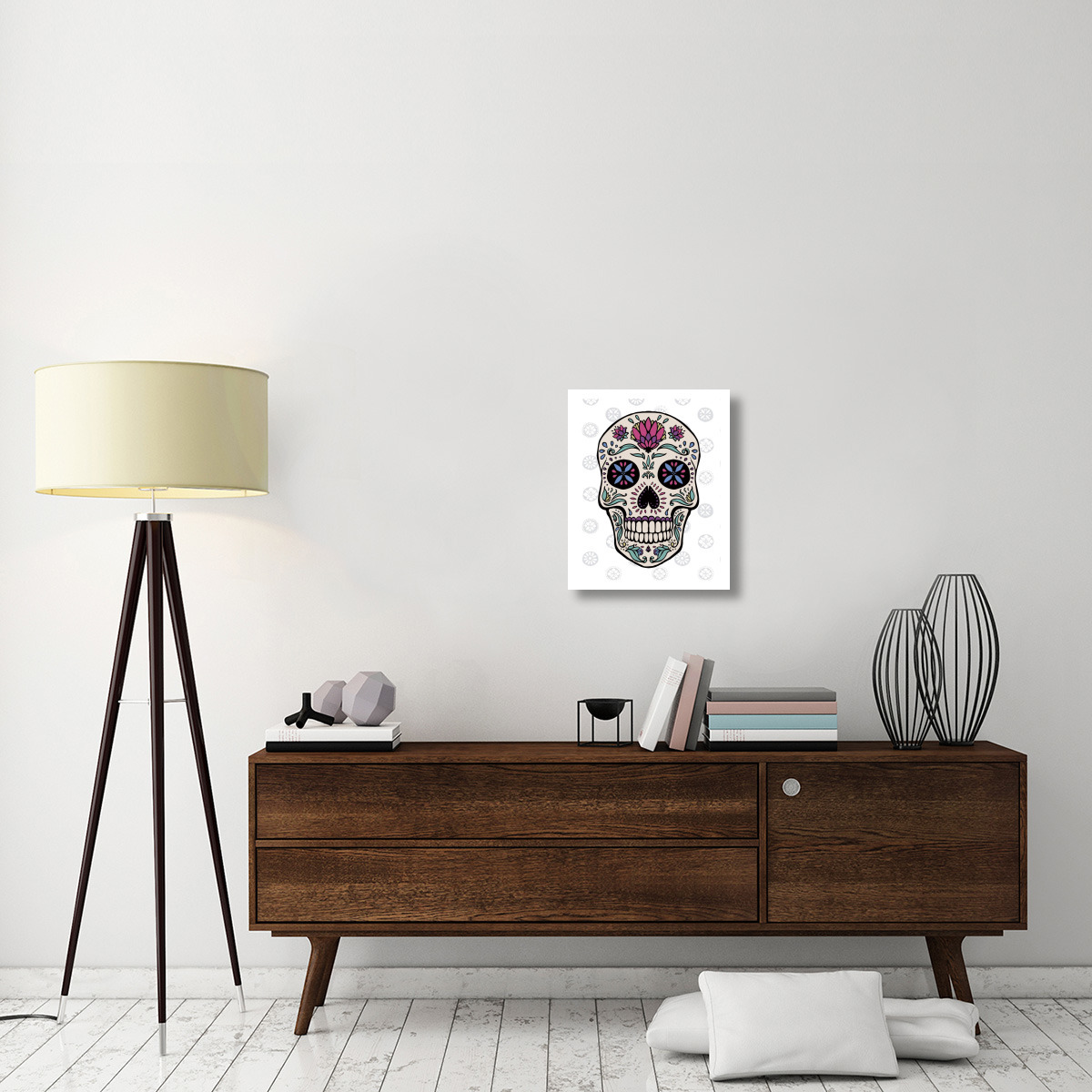 Sugar Skull II on Gray -Paper Art-18&quotx22"