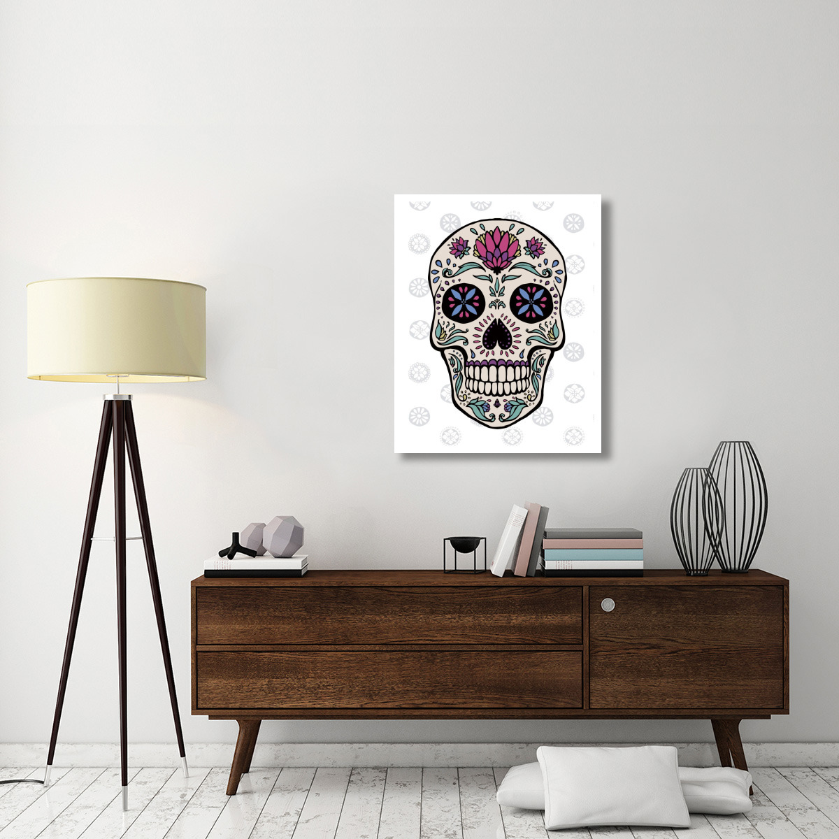 Sugar Skull II on Gray -Paper Art-30&quotx37"