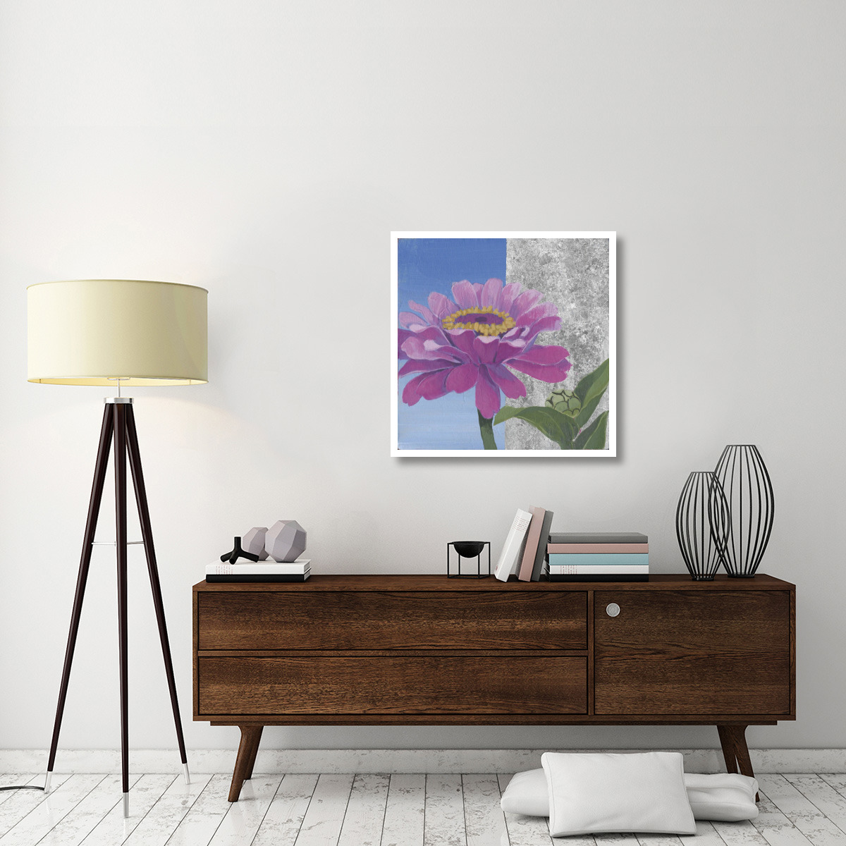 Zinnia Pink and Silver -Paper Art-32&quotx32"
