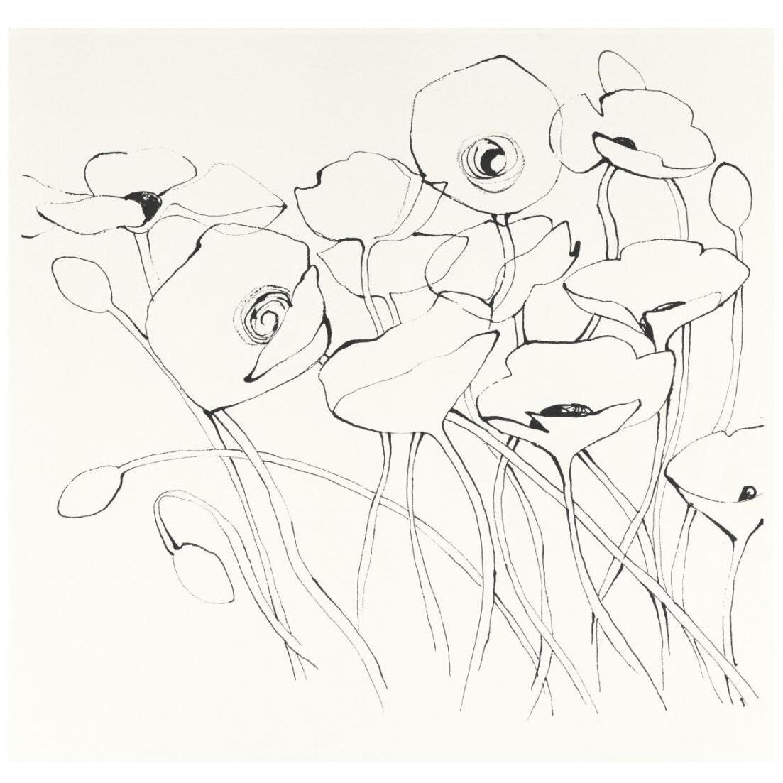 Black Line Poppies I -Paper Art-20&quotx20"