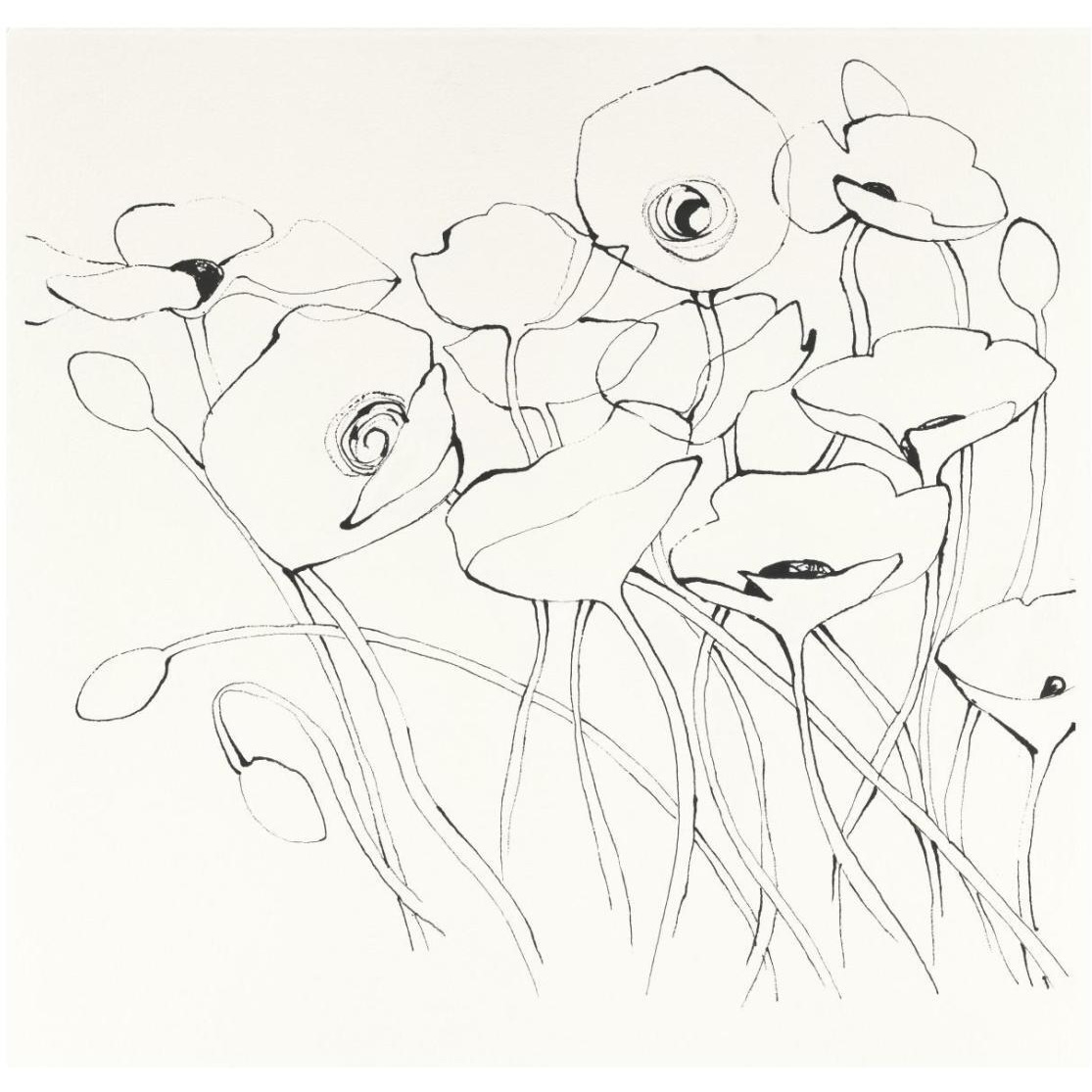 Black Line Poppies I -Paper Art-26&quotx26"