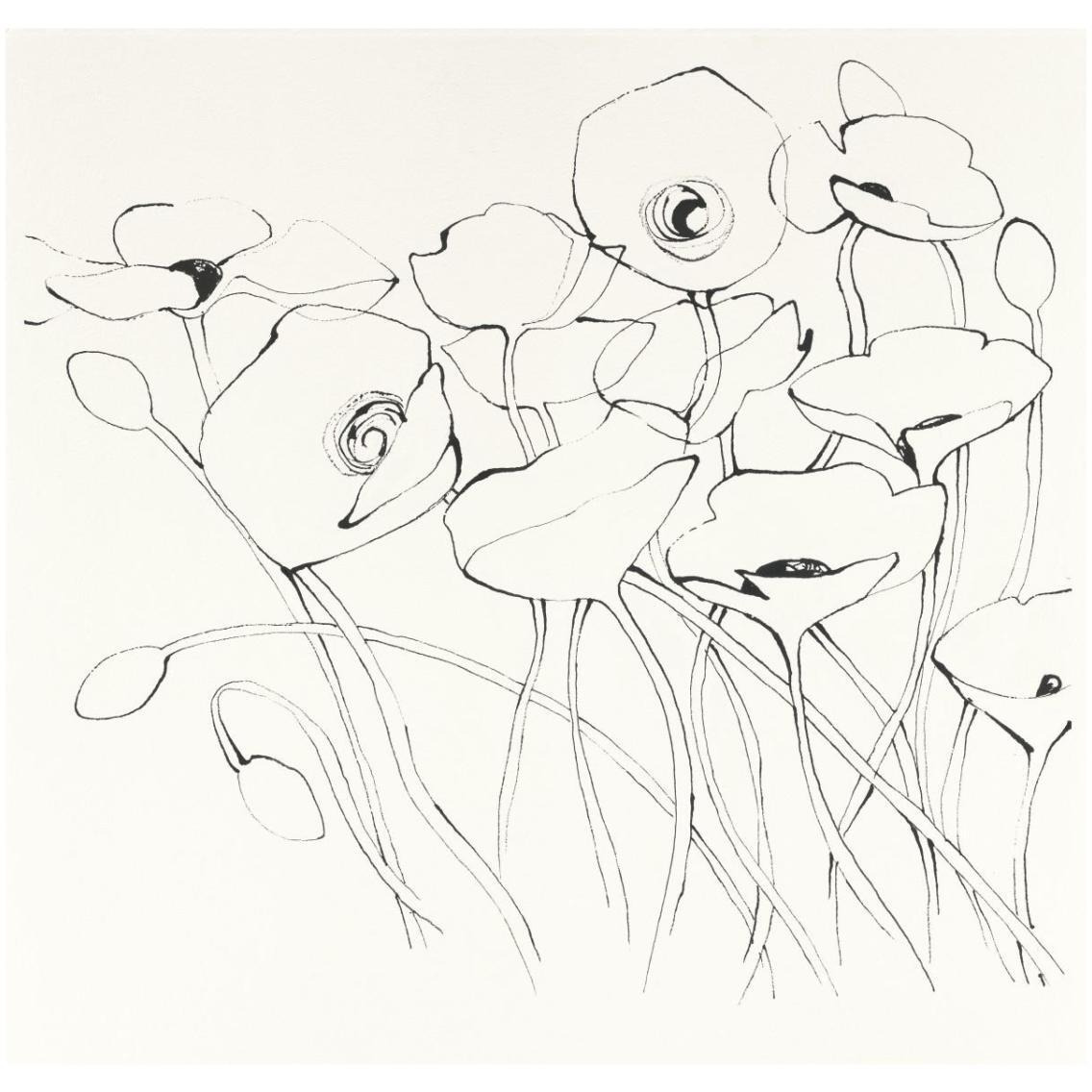Black Line Poppies I -Paper Art-32&quotx32"