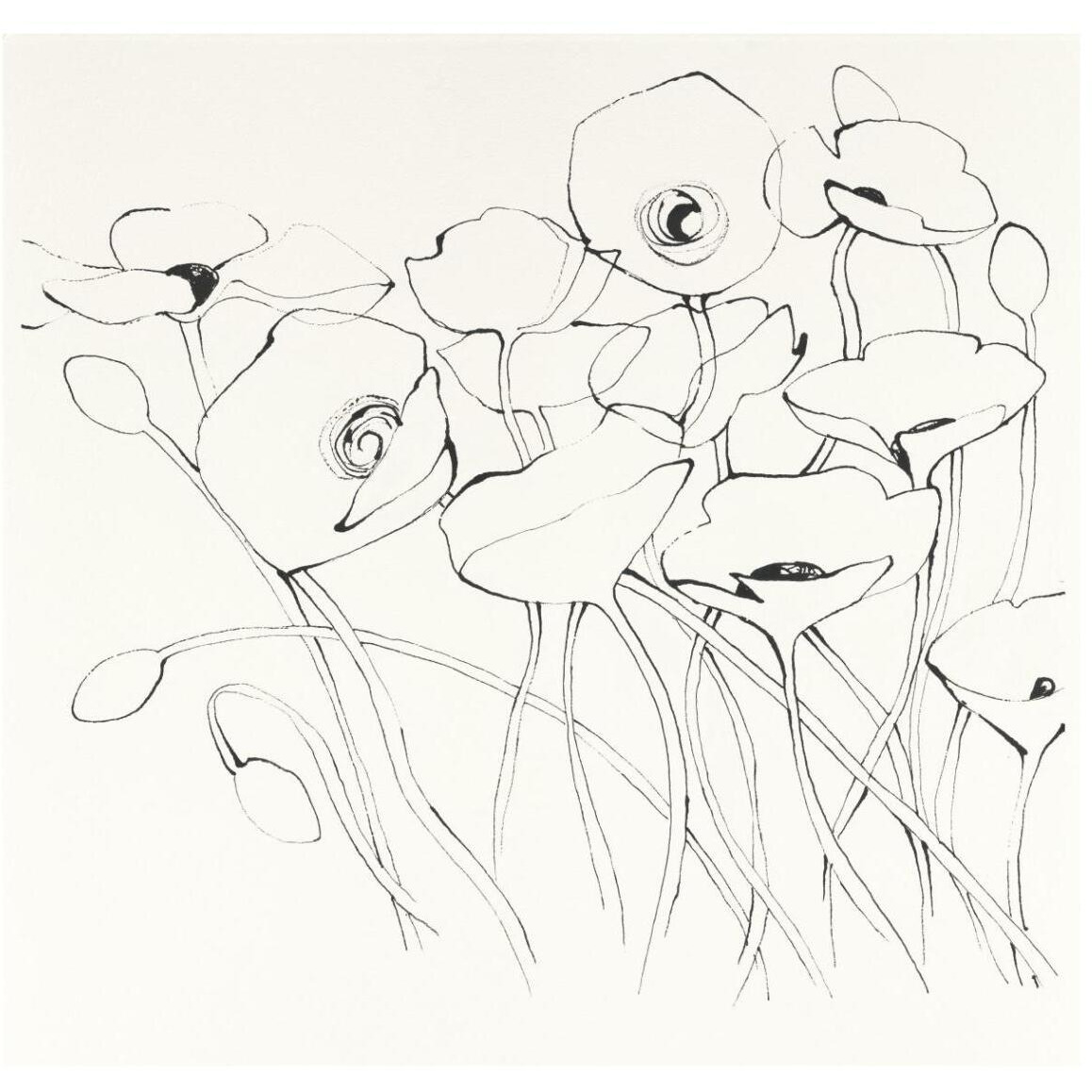 Black Line Poppies I -Paper Art-42&quotx42"