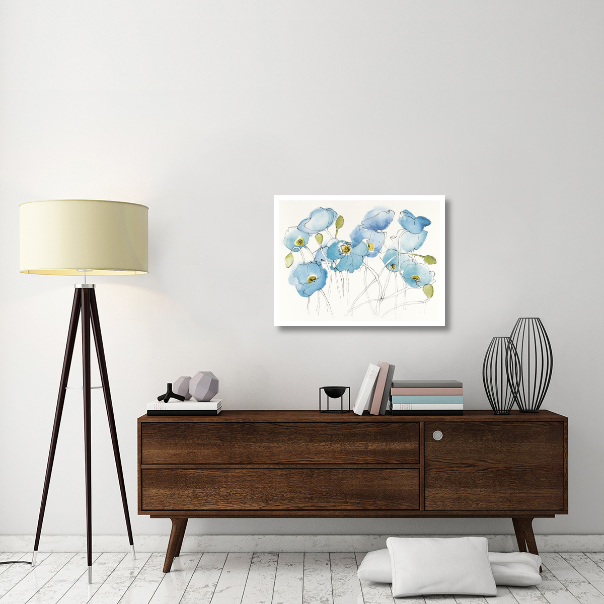 Black Line Poppies III Watercolor -Paper Art-34&quotx26"