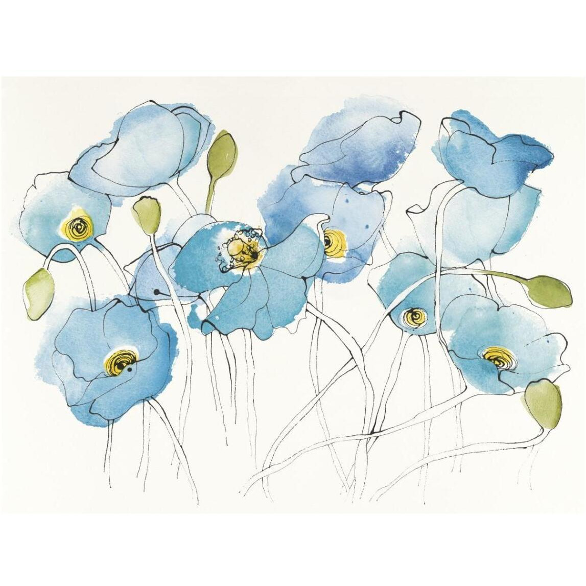 Black Line Poppies III Watercolor -Paper Art-42&quotx32"