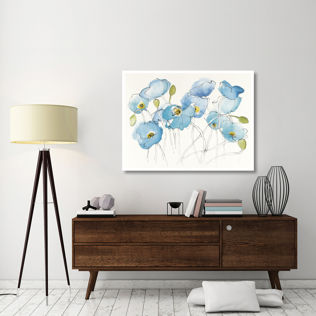 Black Line Poppies III Watercolor -Paper Art-50&quotx38"