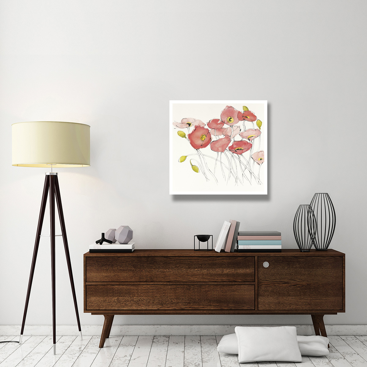 Black Line Poppies I Watercolor -Paper Art-32&quotx32"