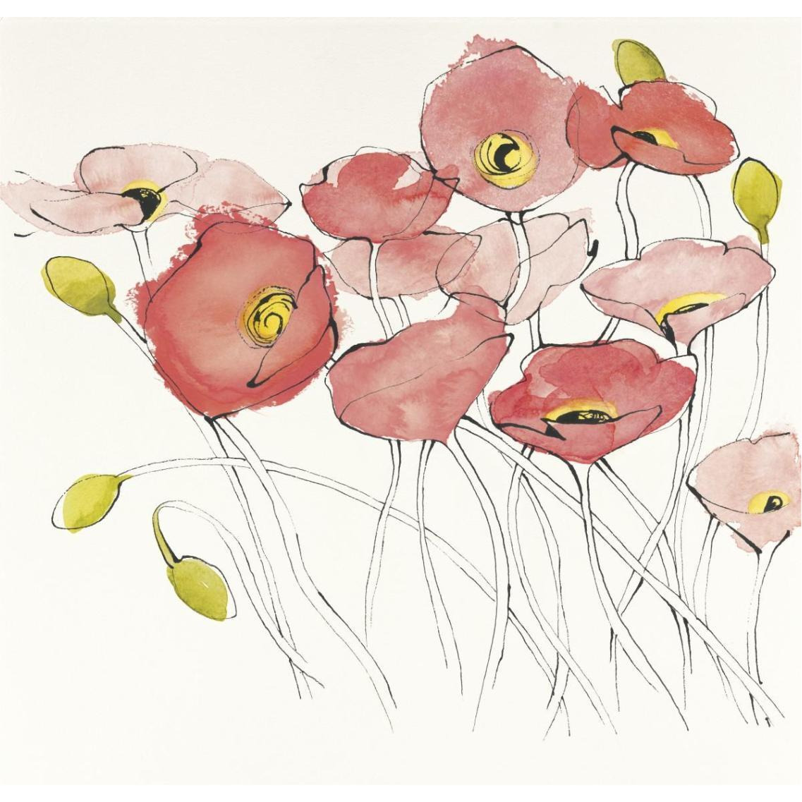 Black Line Poppies I Watercolor -Paper Art-38&quotx38"