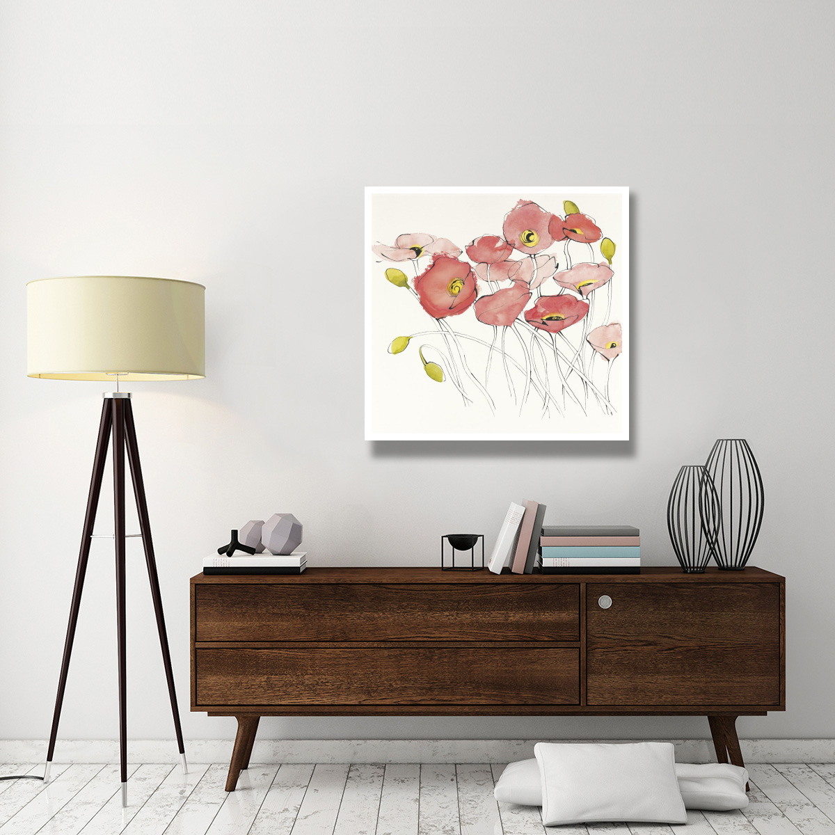 Black Line Poppies I Watercolor -Paper Art-38&quotx38"