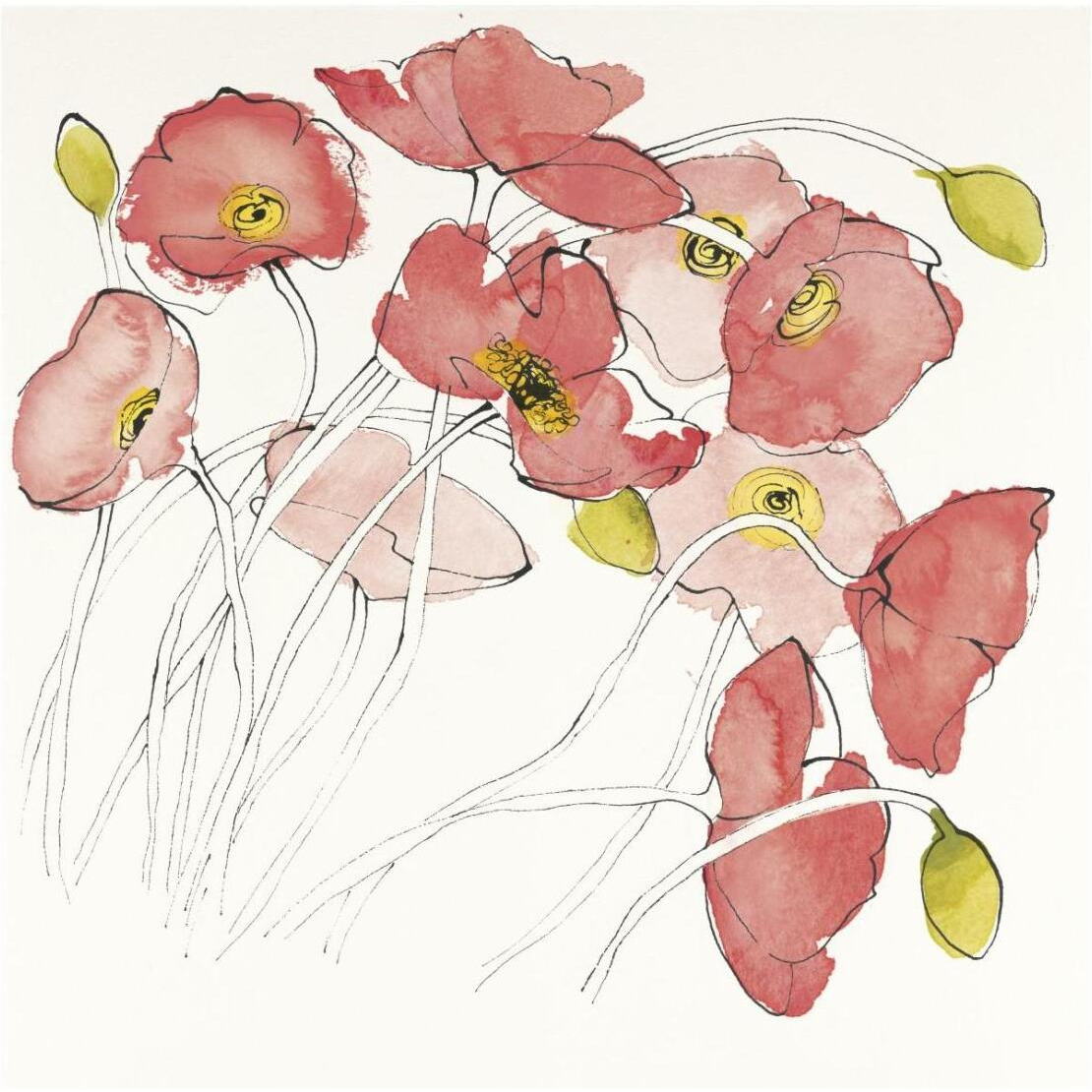 Black Line Poppies II Watercolor -Paper Art-26&quotx26"