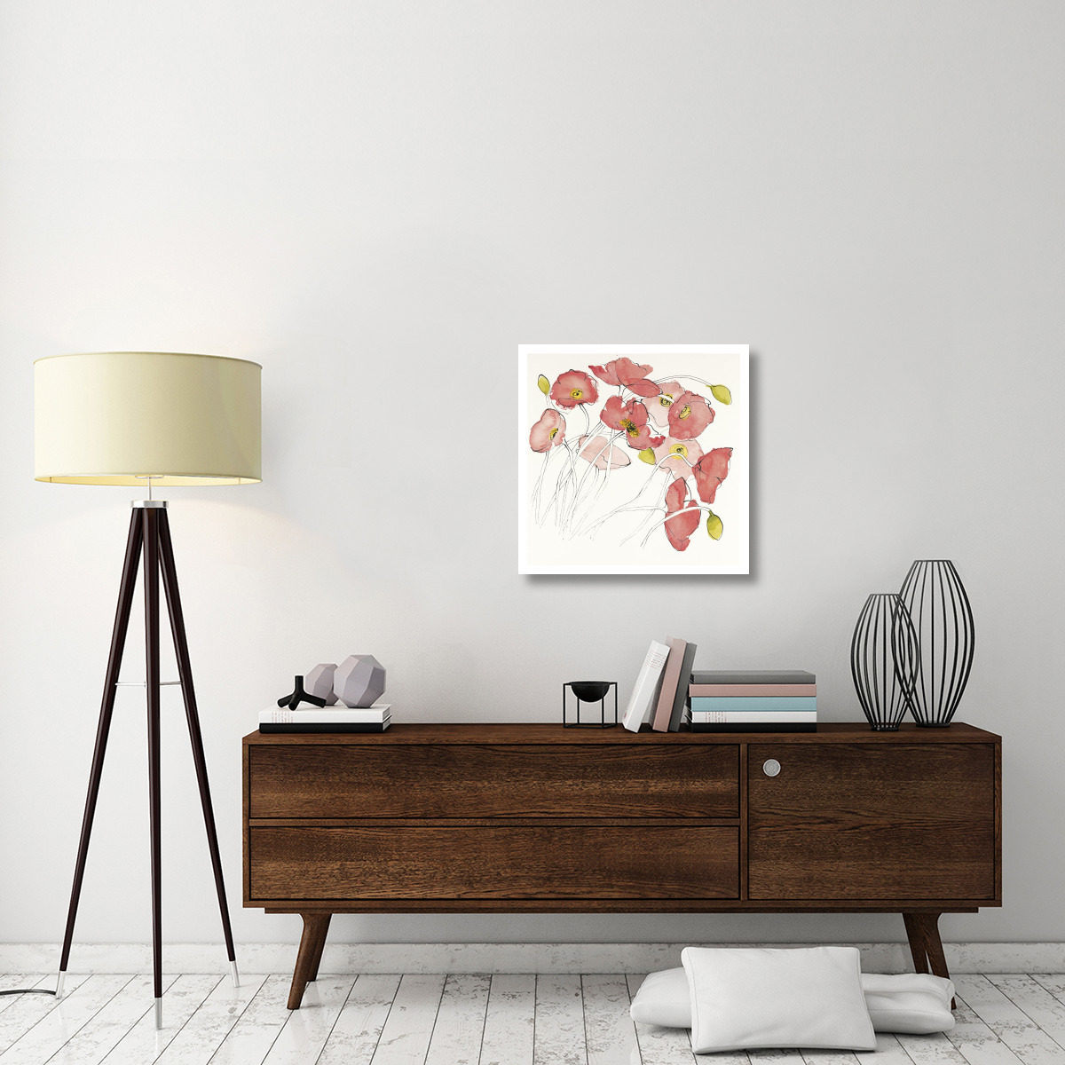 Black Line Poppies II Watercolor -Paper Art-26&quotx26"