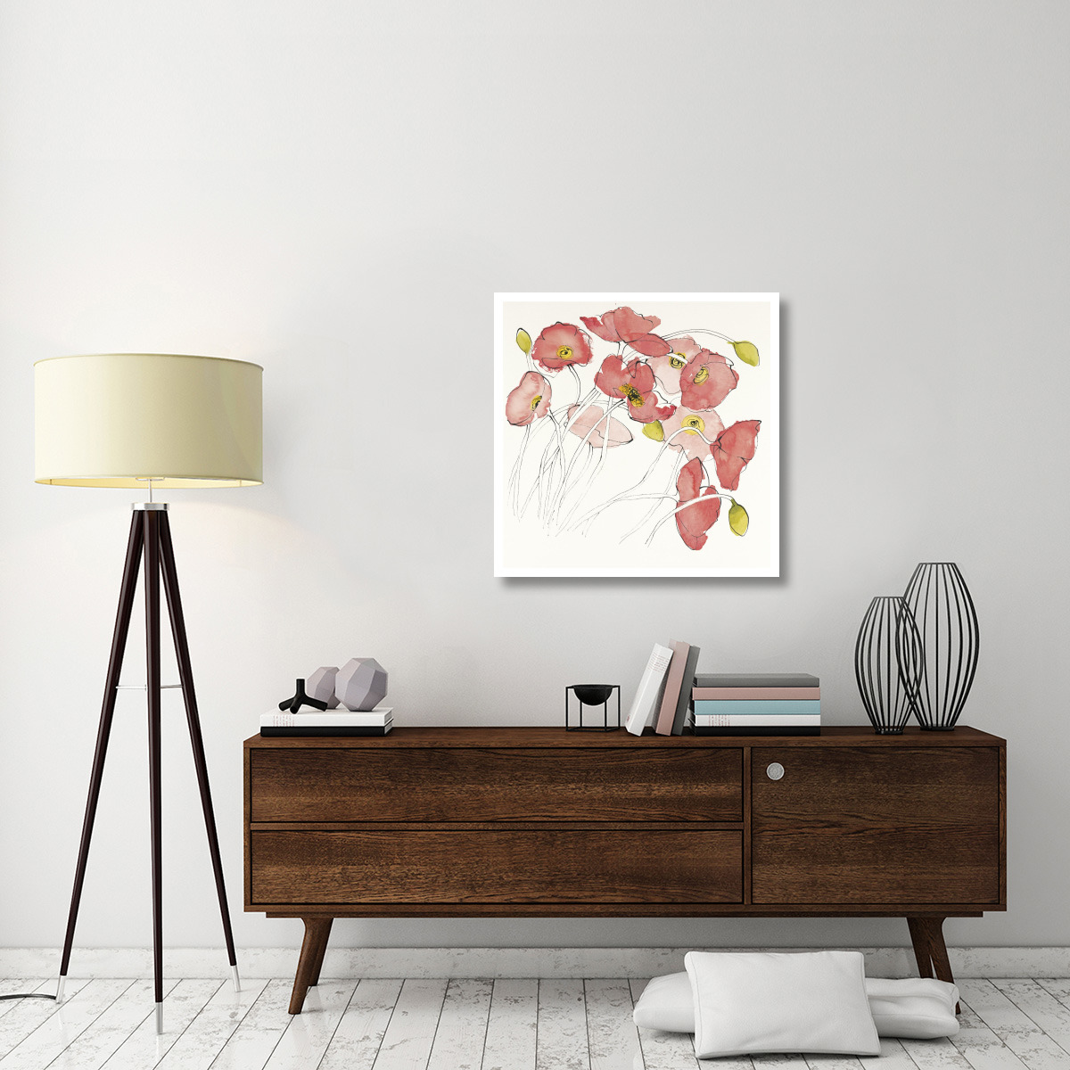 Black Line Poppies II Watercolor -Paper Art-32&quotx32"