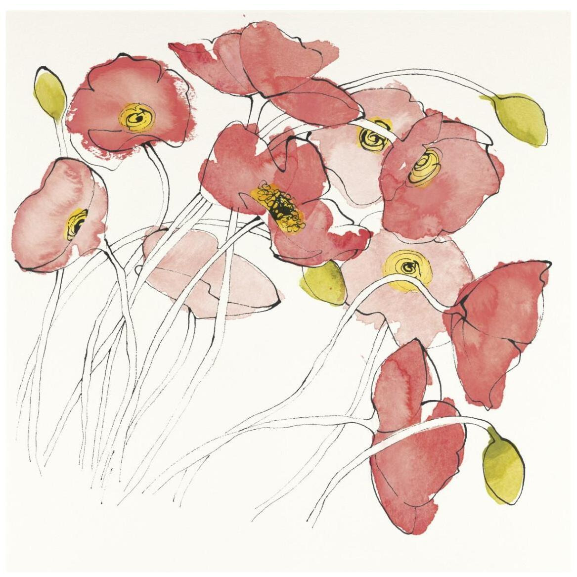 Black Line Poppies II Watercolor -Paper Art-42&quotx42"