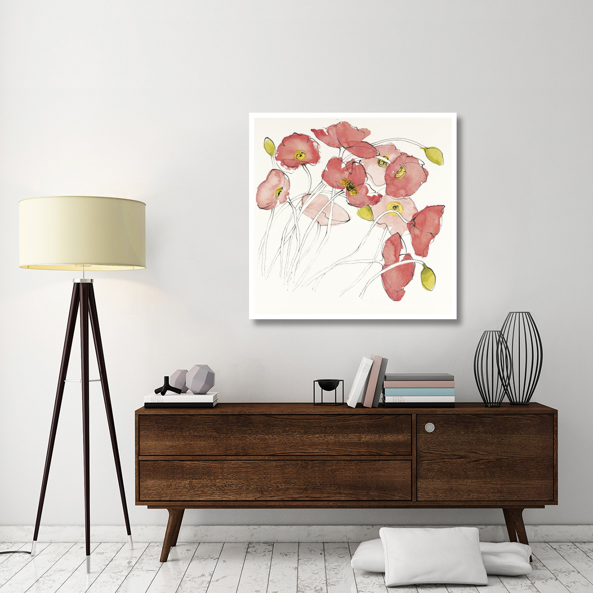 Black Line Poppies II Watercolor -Paper Art-42&quotx42"