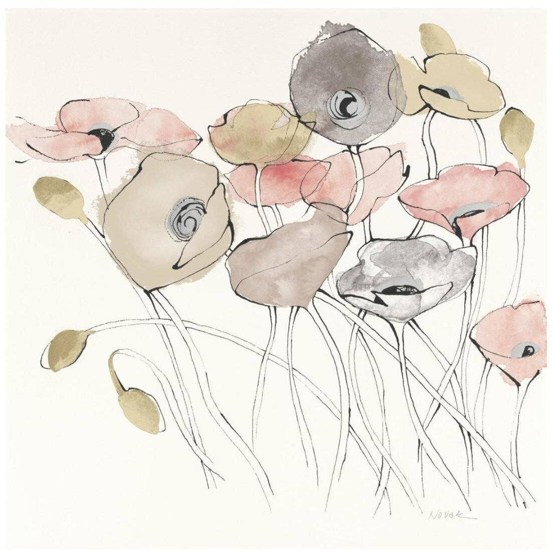 Black Line Poppies I Watercolor Neutral -Paper Art-20&quotx20"