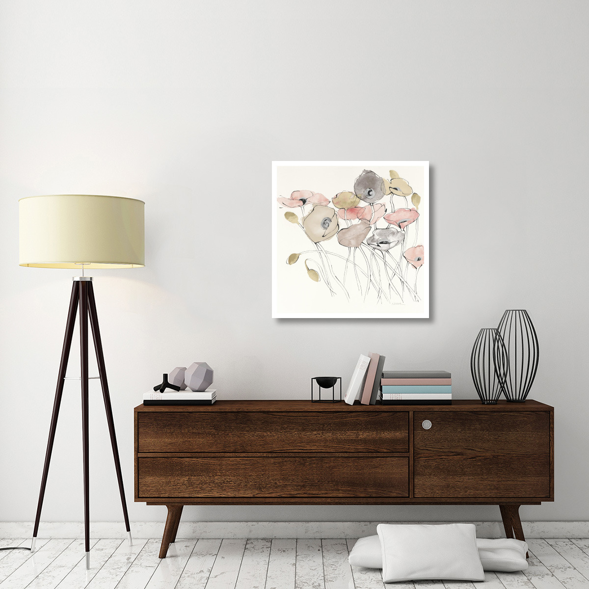 Black Line Poppies I Watercolor Neutral -Paper Art-32&quotx32"