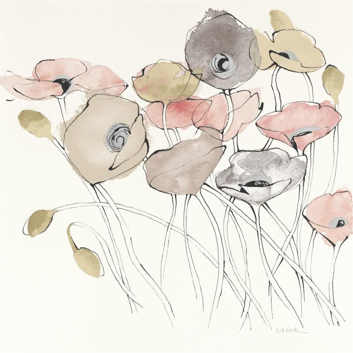 Black Line Poppies I Watercolor Neutral -Paper Art-38&quotx38"