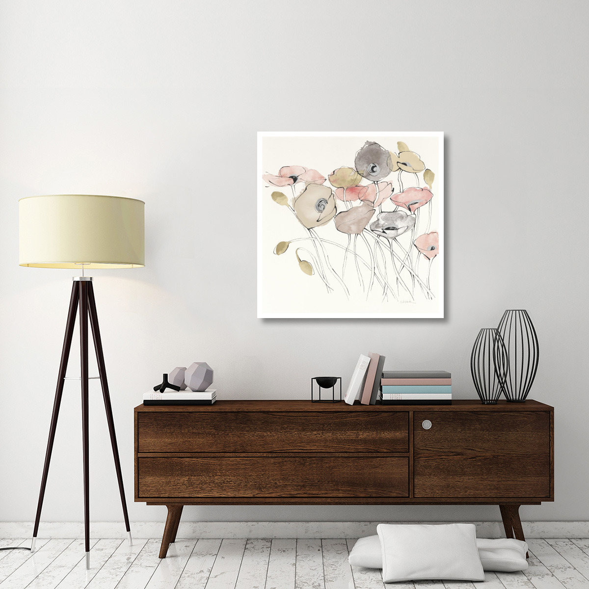 Black Line Poppies I Watercolor Neutral -Paper Art-38&quotx38"