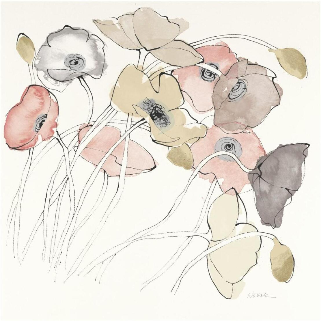 Black Line Poppies II Watercolor Neutral -Paper Art-26&quotx26"