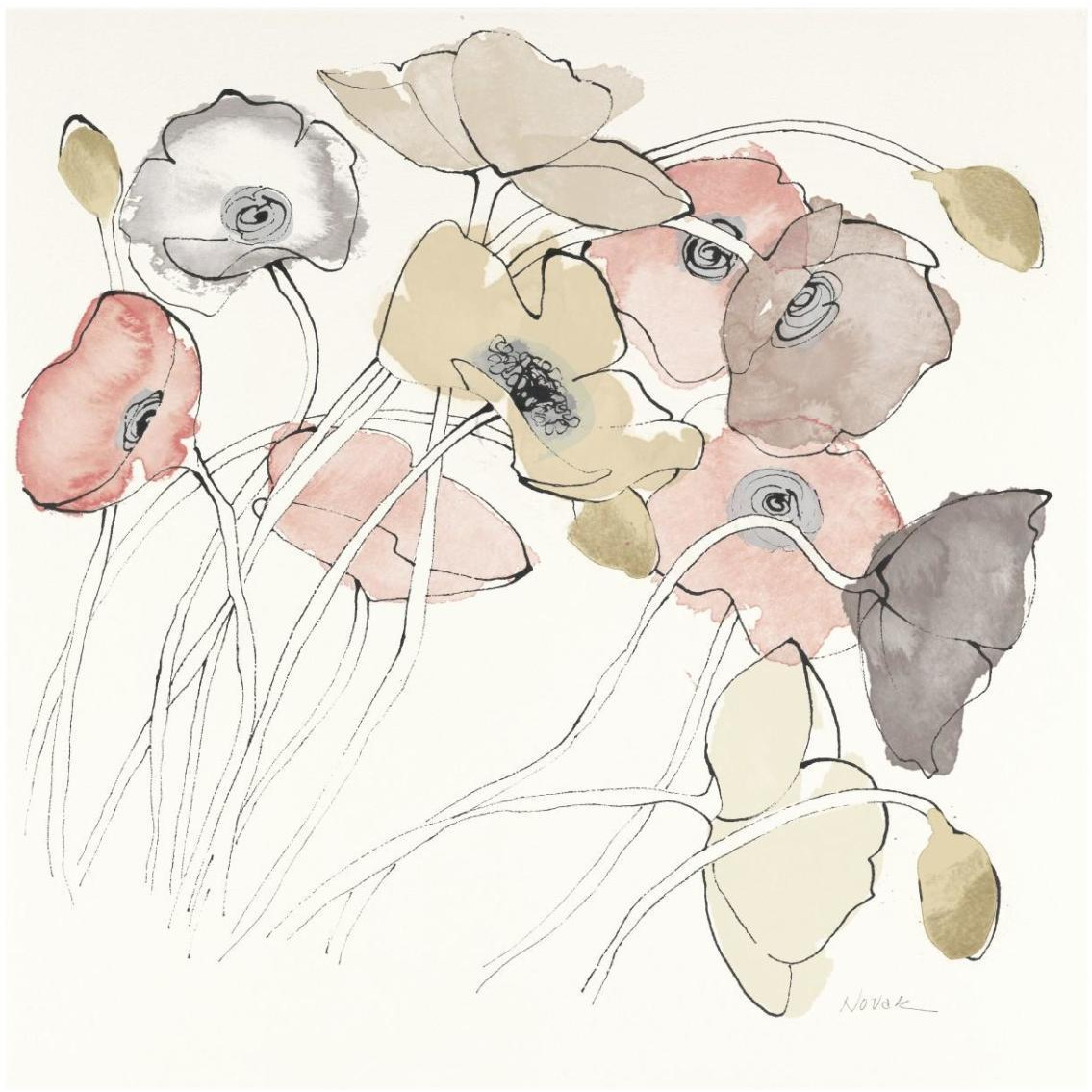 Black Line Poppies II Watercolor Neutral -Paper Art-32&quotx32"
