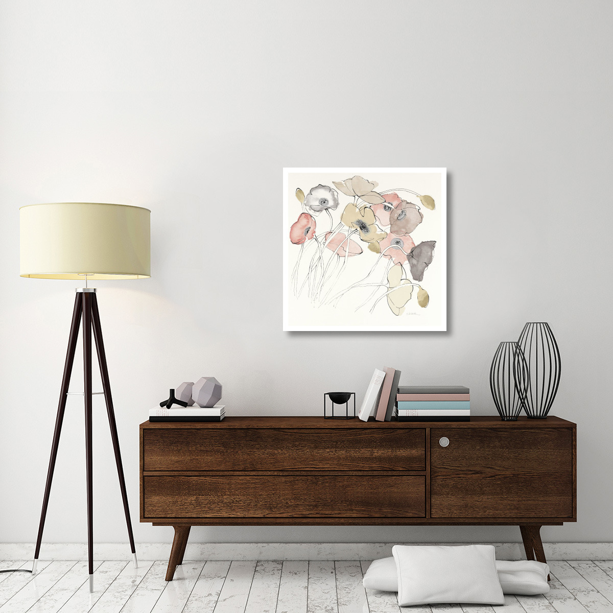 Black Line Poppies II Watercolor Neutral -Paper Art-32&quotx32"